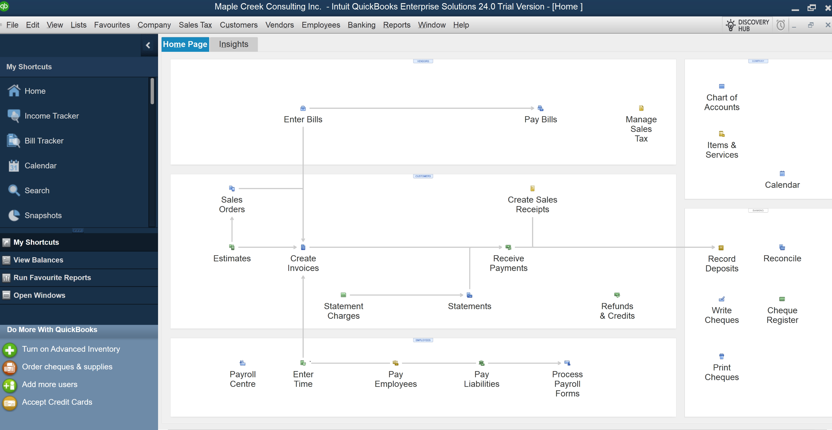 QuickBooks Desktop Enterprise home screen showing the main dashboard with workflow centres